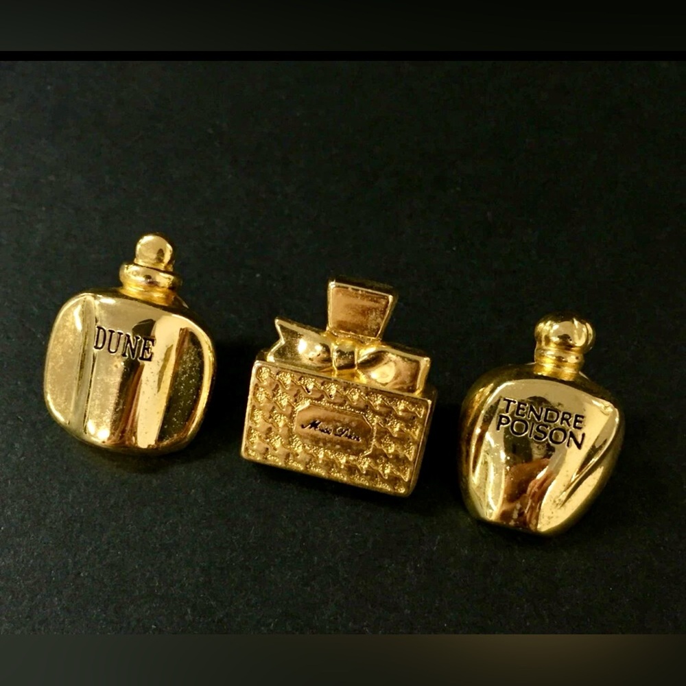 CHRISTIAN DIOR Perfume Motif Gold Tone Pin/Brooch 3 Pc Set - Picture 9 of 9